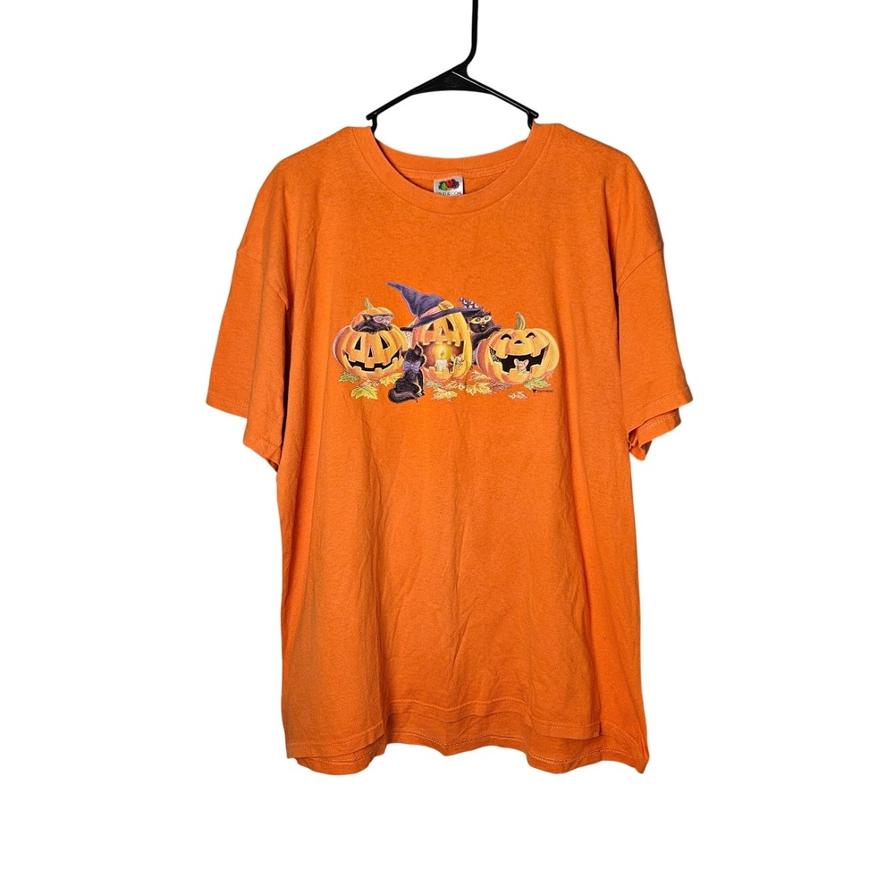 Halloween Pumpkin Black Cat Orange Fruit of the Loom T-Shirt Unisex XL